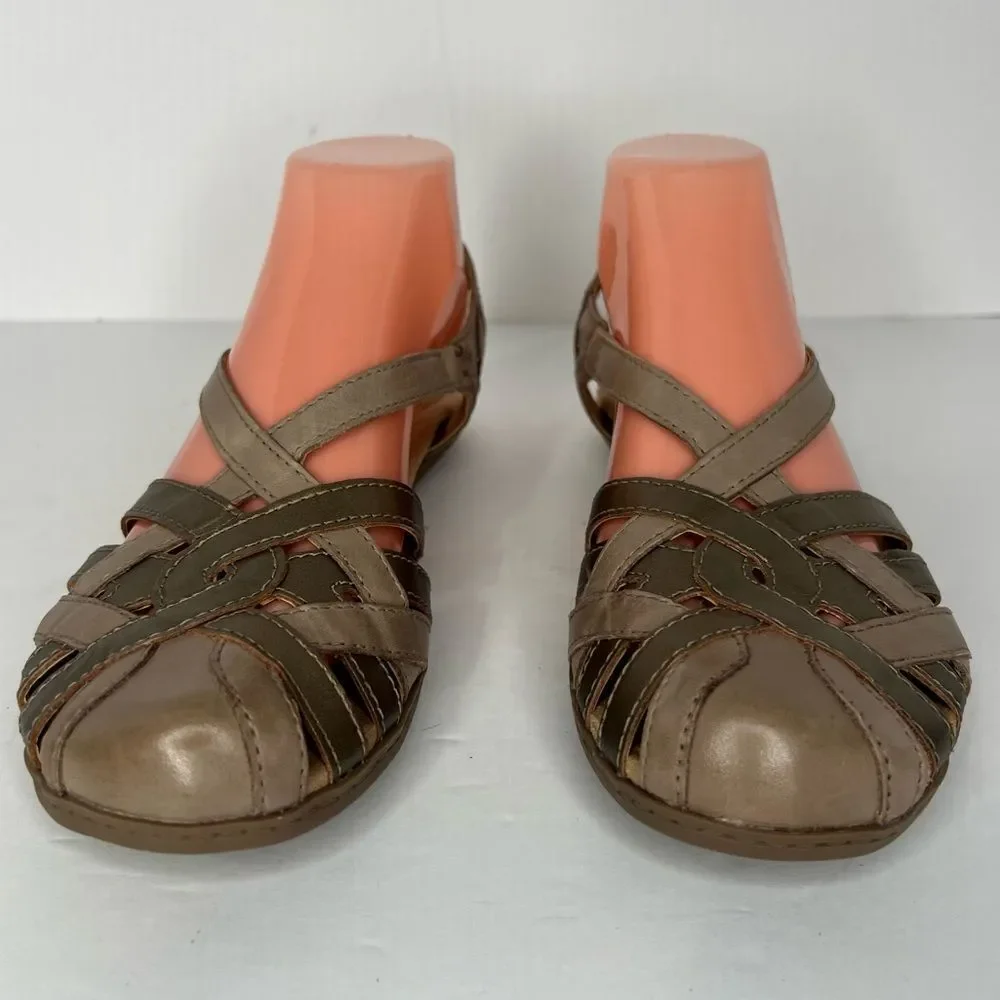NWOT! Earth Origins Berri Woven Casual Round Slip-On Tan Leather Sandals Sz 9N